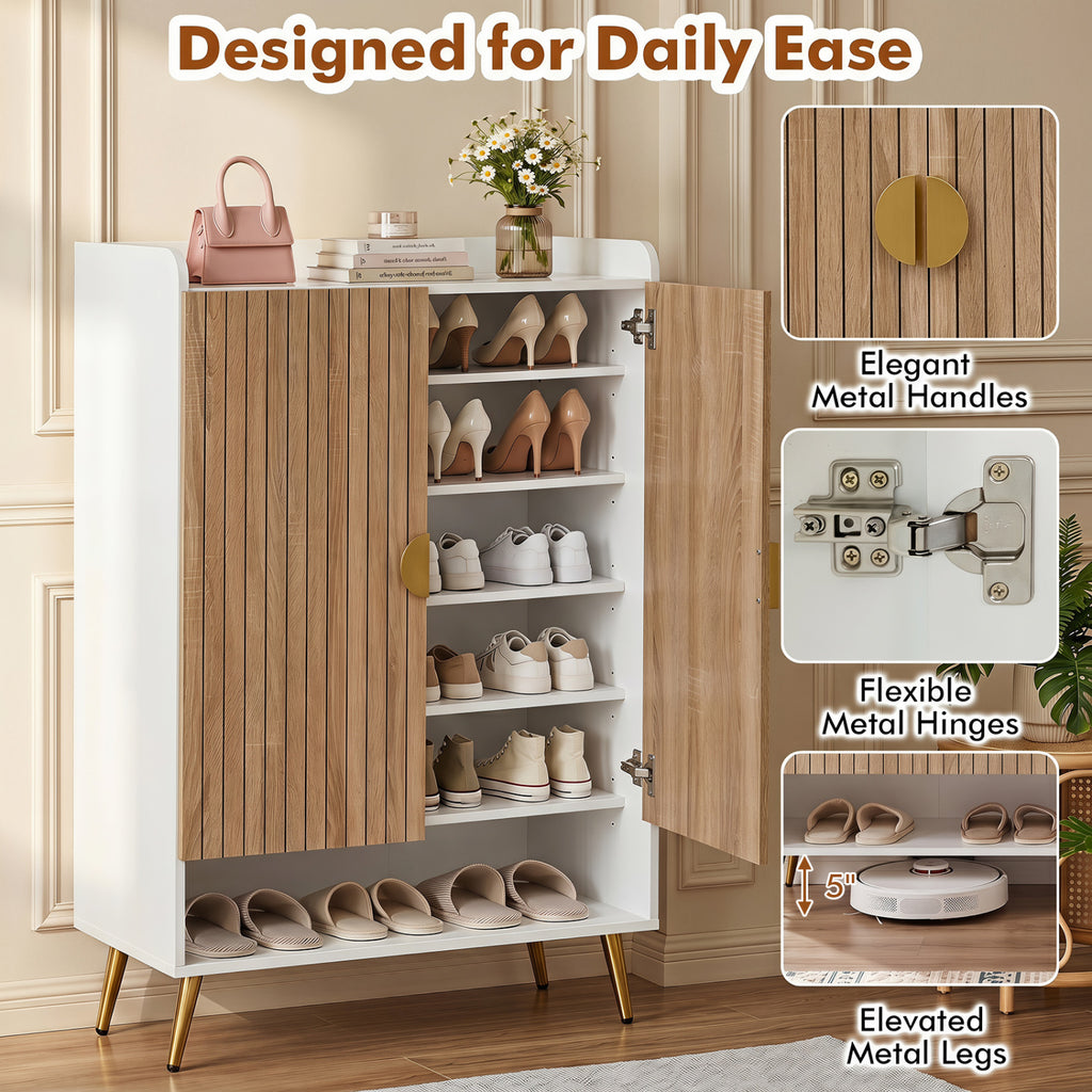 44" Tall Shoe Storage Cabinet with 7-Tier Doors and Adjustable Shelves for Entryway-Natural