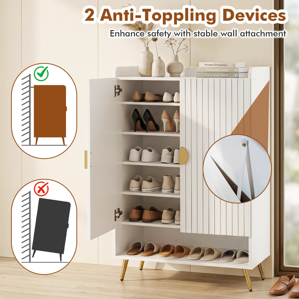 44" Tall Shoe Storage Cabinet with 7-Tier Doors and Adjustable Shelves for Entryway-White
