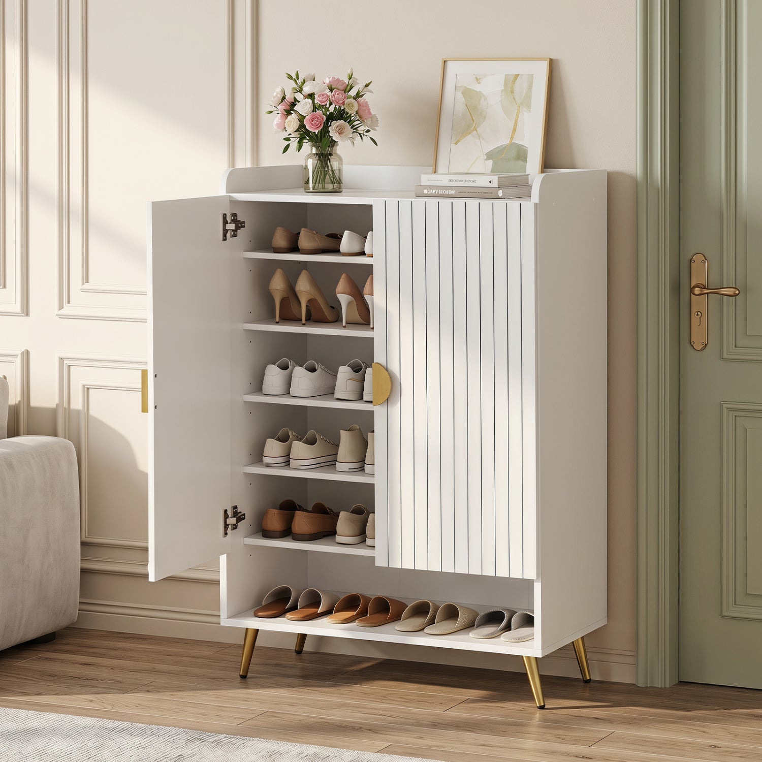 44" Tall Shoe Storage Cabinet with 7-Tier Doors and Adjustable Shelves for Entryway-White
