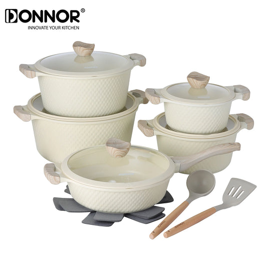 Set of beige cookware with wooden handles and utensils on a white background, featuring the DONNOR brand.