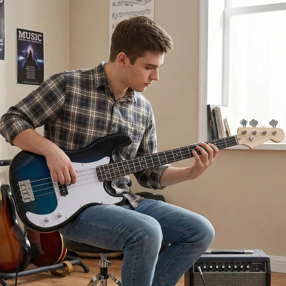 45.5 Inch Electric Bass Guitar with Double Pickups and Gig Bag for Beginners-Blue - Blue - Guitar & Strings