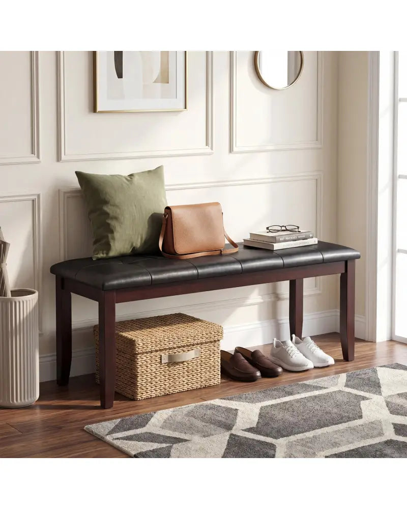 45.5’’ PU Leather Upholstered Bench with Soft Padded Seat and Strong Rubber Wood Legs-Brown - Brown - Shoe Racks &
