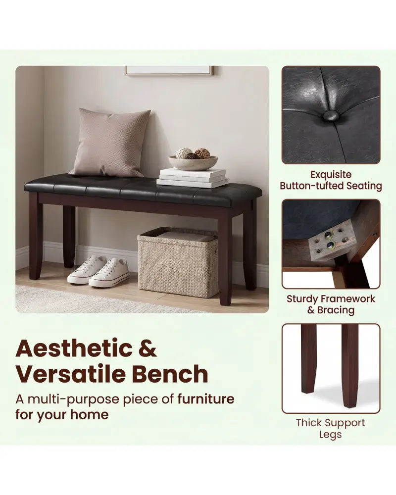 45.5’’ PU Leather Upholstered Bench with Soft Padded Seat and Strong Rubber Wood Legs-Brown - Brown - Shoe Racks &