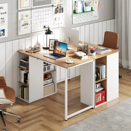45 Inch Computer Desk with 5 Storage Compartments and Metal Frame - Natural - Computer Desks