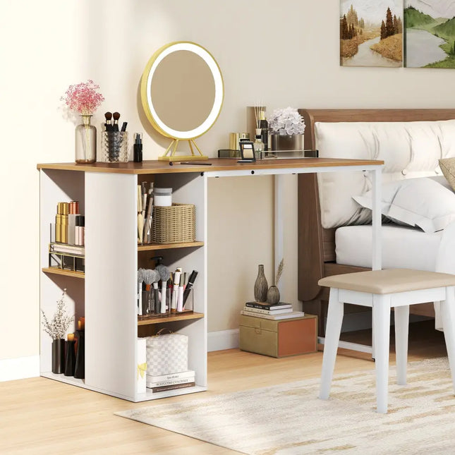 45 Inch Computer Desk with 5 Storage Compartments and Metal Frame - Natural - Computer Desks