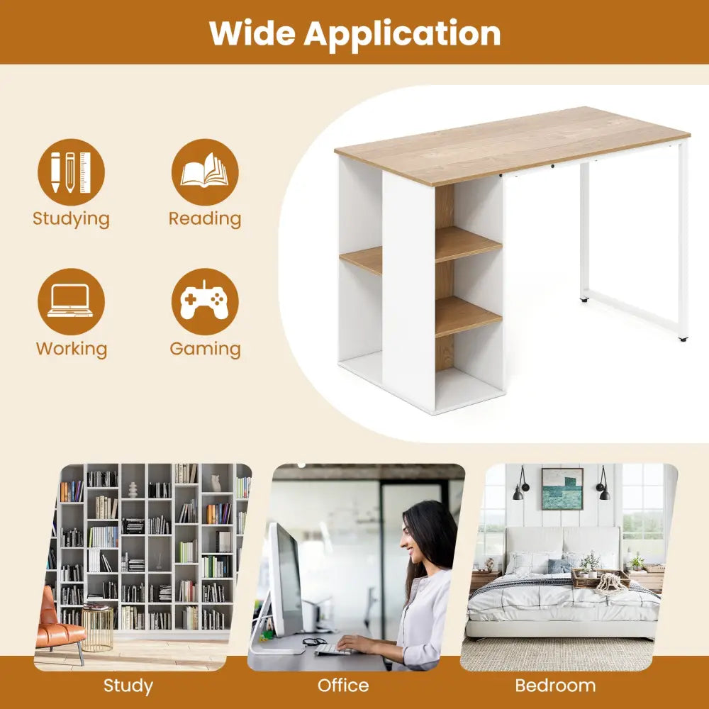 45 Inch Computer Desk with 5 Storage Compartments and Metal Frame - Natural - Computer Desks