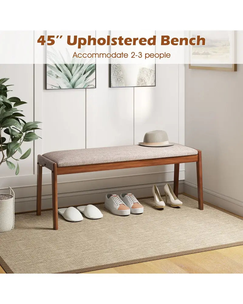 45 Inch Farmhouse Backless Bench with Rubber Wood Legs and Fabric Padded Seat-Beige - Beige - Shoe Racks & Storage