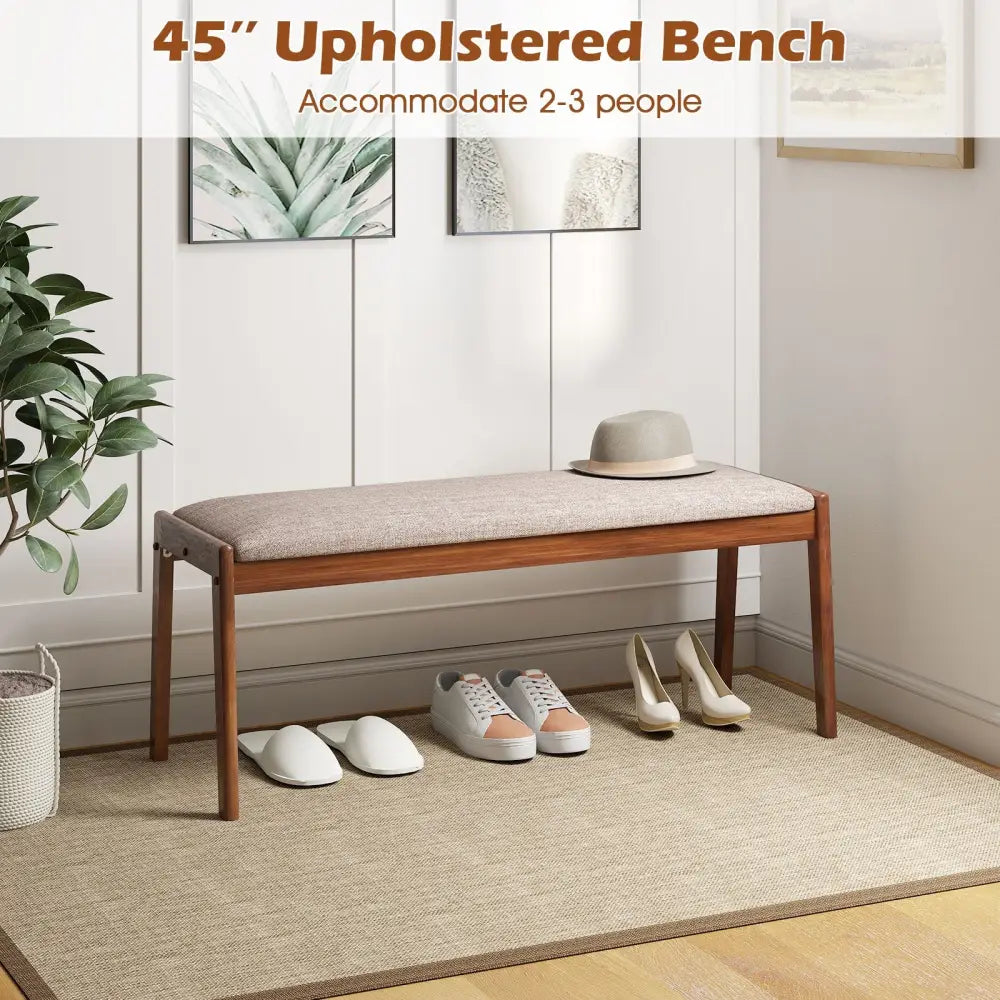 45 Inch Farmhouse Backless Bench with Rubber Wood Legs and Fabric Padded Seat-Beige - Beige - Shoe Racks & Storage
