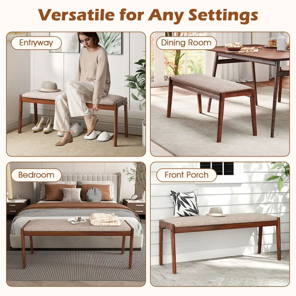 45 Inch Farmhouse Backless Bench with Rubber Wood Legs and Fabric Padded Seat-Beige - Beige - Shoe Racks & Storage