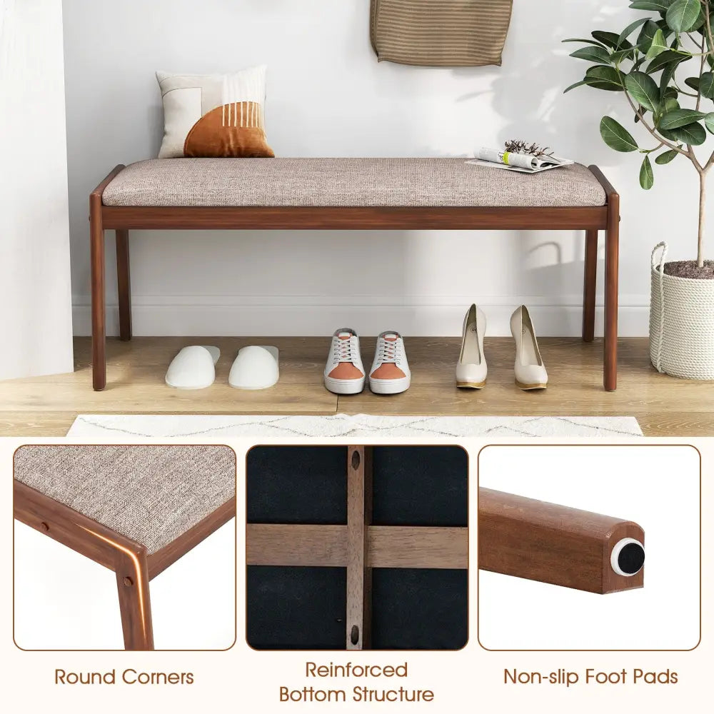 45 Inch Farmhouse Backless Bench with Rubber Wood Legs and Fabric Padded Seat-Beige - Beige - Shoe Racks & Storage