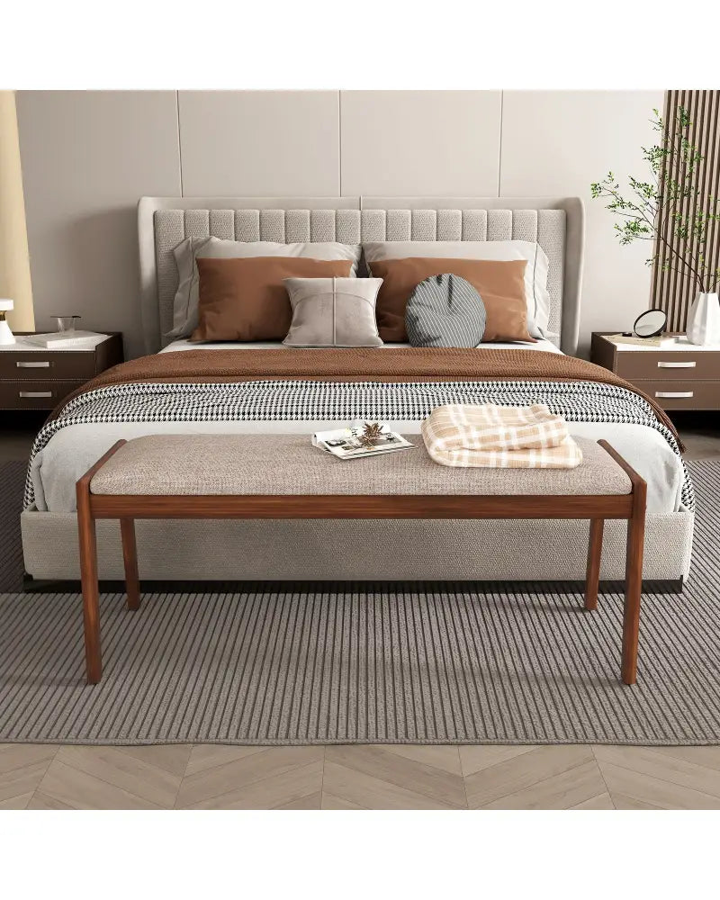 45 Inch Farmhouse Backless Bench with Rubber Wood Legs and Fabric Padded Seat-Beige - Beige - Shoe Racks & Storage