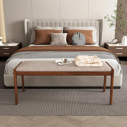 45 Inch Farmhouse Backless Bench with Rubber Wood Legs and Fabric Padded Seat-Beige - Beige - Shoe Racks & Storage
