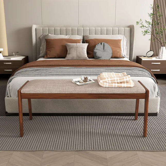 45 Inch Farmhouse Backless Bench with Rubber Wood Legs and Fabric Padded Seat-Beige - Beige - Shoe Racks & Storage