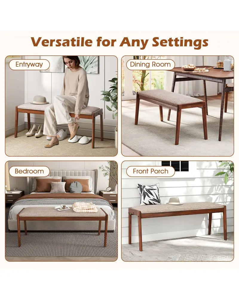 45 Inch Farmhouse Backless Bench with Rubber Wood Legs and Fabric Padded Seat-Beige - Beige - Shoe Racks & Storage