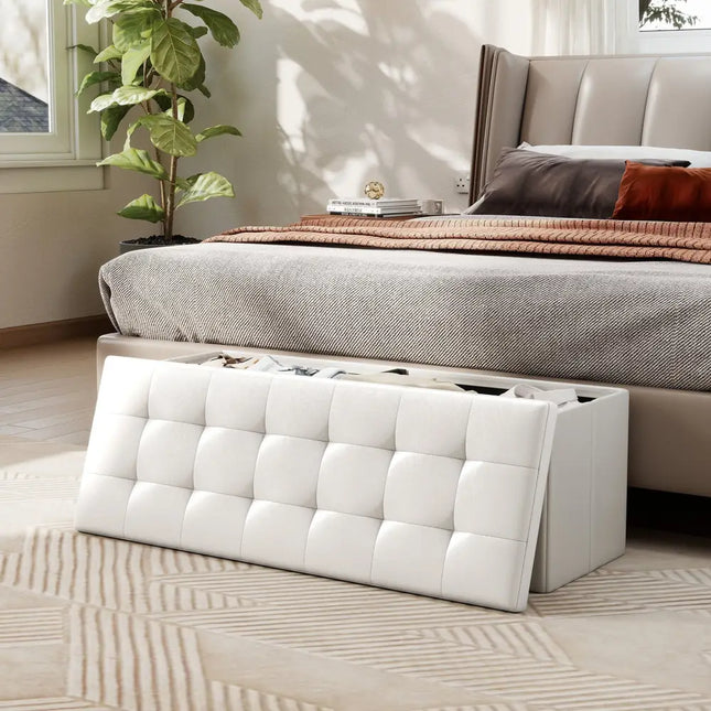 45 Inch Large Folding Ottoman Storage Seat-White Costway