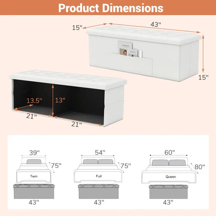 45 Inch Large Folding Ottoman Storage Seat-White Costway