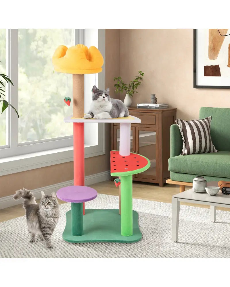 45 Inch Multi-Level Cat Tree with Plush Padded Top Perch and Fruit-Shaped Platforms - Multicolor - Cat Trees Condos &