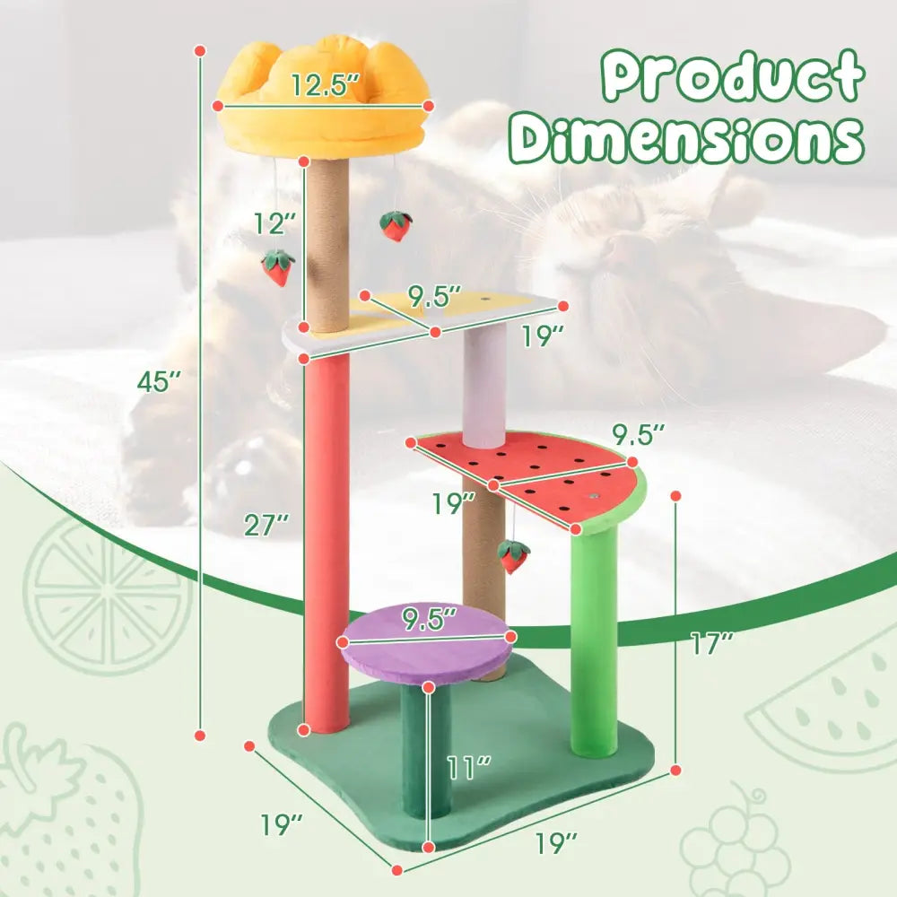 45 Inch Multi-Level Cat Tree with Plush Padded Top Perch and Fruit-Shaped Platforms - Multicolor - Cat Trees Condos &