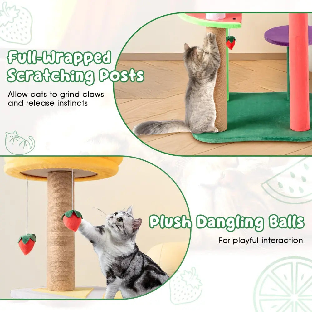 45 Inch Multi-Level Cat Tree with Plush Padded Top Perch and Fruit-Shaped Platforms - Multicolor - Cat Trees Condos &
