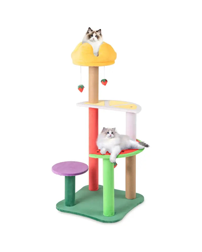 45 Inch Multi-Level Cat Tree with Plush Padded Top Perch and Fruit-Shaped Platforms - Multicolor - Cat Trees Condos &