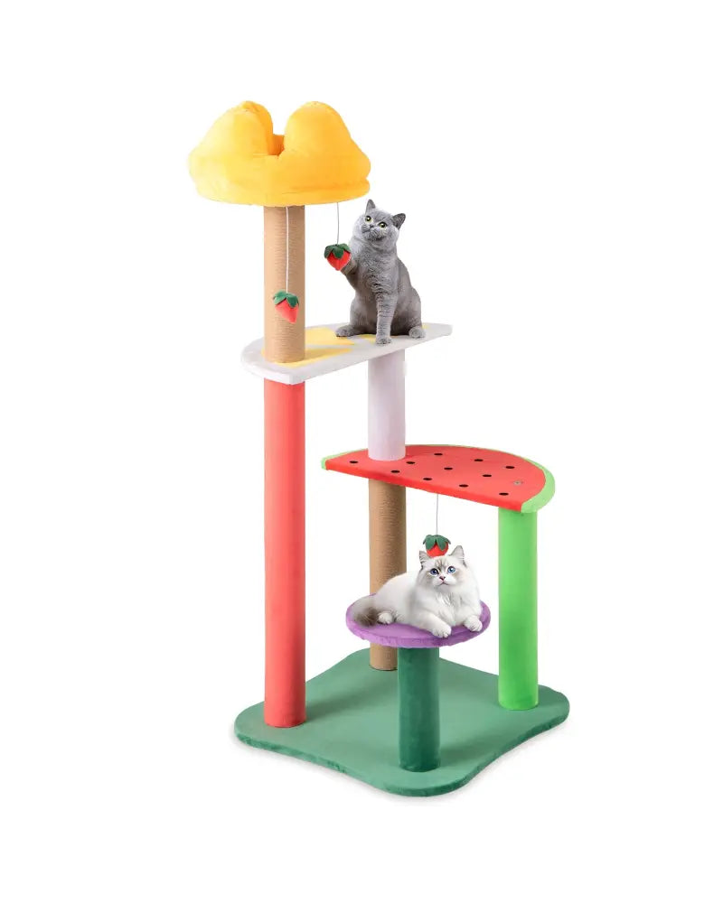 45 Inch Multi-Level Cat Tree with Plush Padded Top Perch and Fruit-Shaped Platforms - Multicolor - Cat Trees Condos &