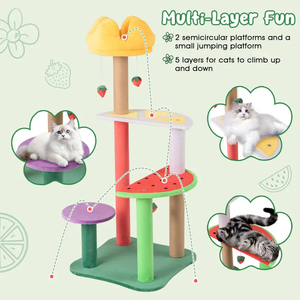 45 Inch Multi-Level Cat Tree with Plush Padded Top Perch and Fruit-Shaped Platforms - Multicolor - Cat Trees Condos &