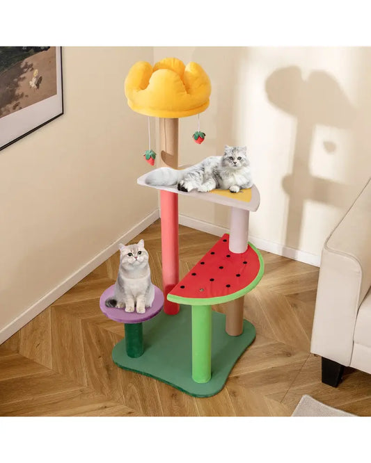 45 Inch Multi-Level Cat Tree with Plush Padded Top Perch and Fruit-Shaped Platforms - Multicolor - Cat Trees Condos &