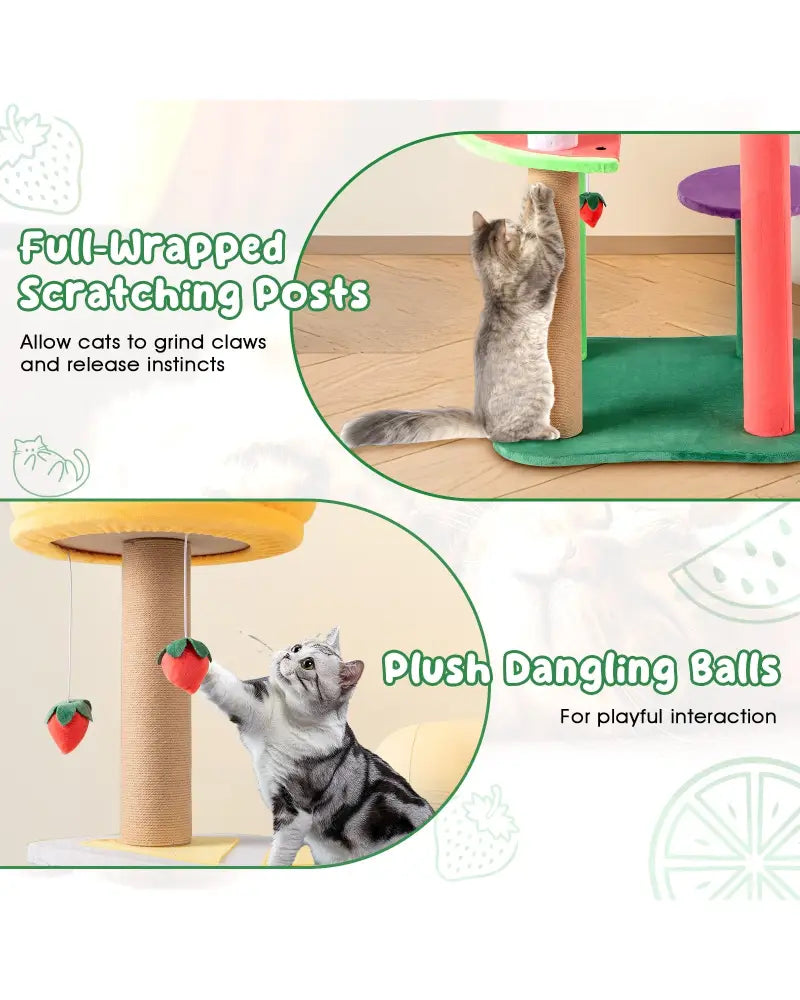 45 Inch Multi-Level Cat Tree with Plush Padded Top Perch and Fruit-Shaped Platforms - Multicolor - Cat Trees Condos &