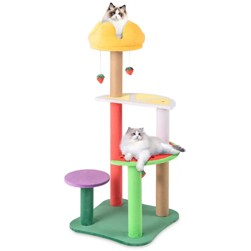 45 Inch Multi-Level Cat Tree with Plush Padded Top Perch and Fruit-Shaped Platforms - Multicolor - Cat Trees Condos &