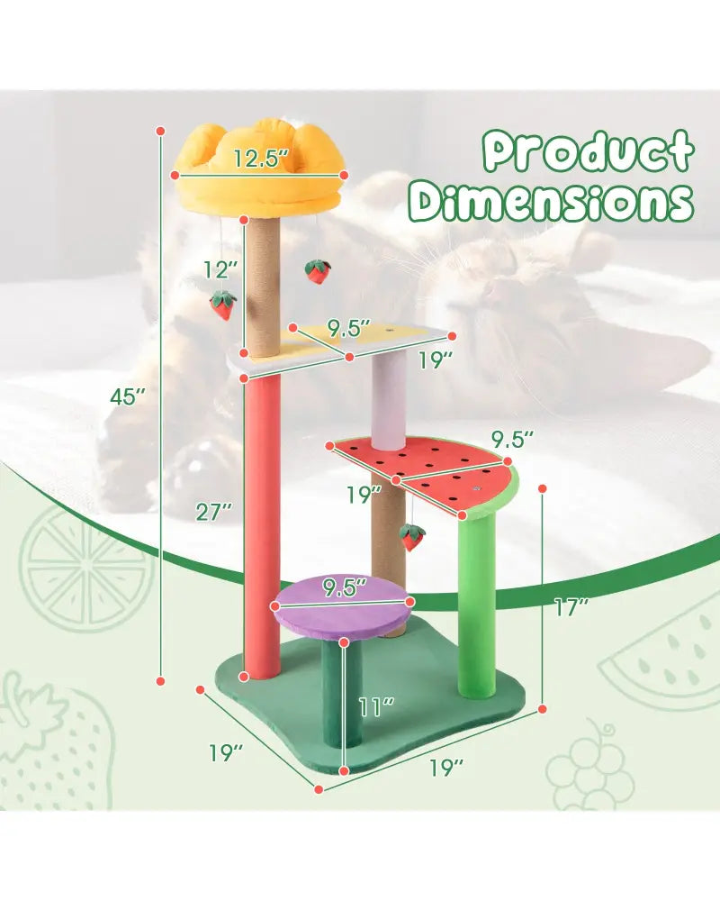 45 Inch Multi-Level Cat Tree with Plush Padded Top Perch and Fruit-Shaped Platforms - Multicolor - Cat Trees Condos &