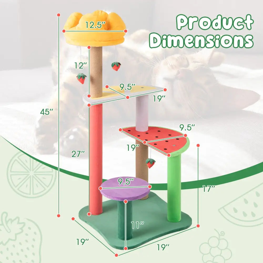45 Inch Multi-Level Cat Tree with Plush Padded Top Perch and Fruit-Shaped Platforms - Multicolor - Cat Trees Condos &