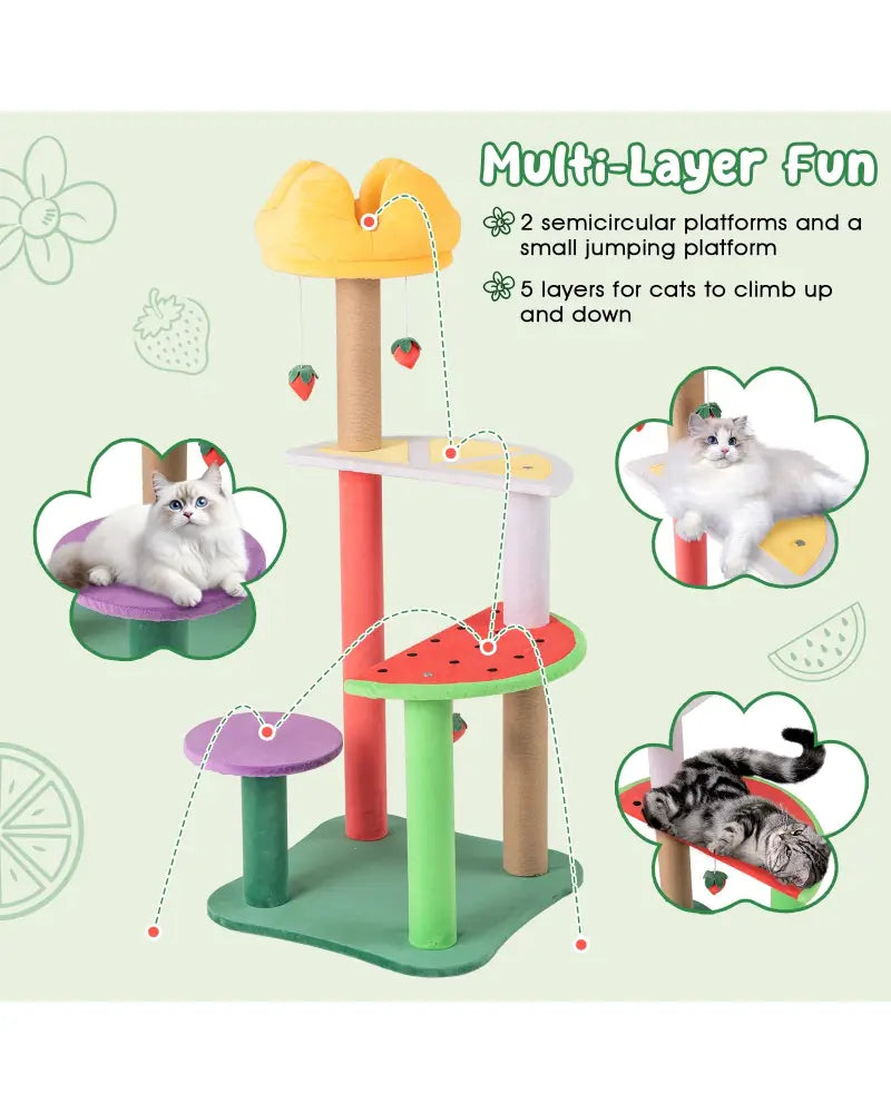 45 Inch Multi-Level Cat Tree with Plush Padded Top Perch and Fruit-Shaped Platforms - Multicolor - Cat Trees Condos &