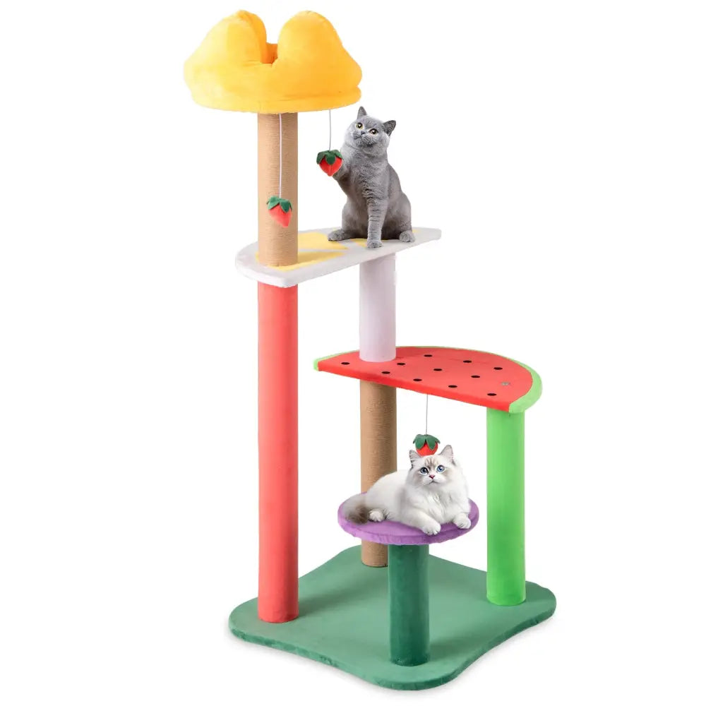45 Inch Multi-Level Cat Tree with Plush Padded Top Perch and Fruit-Shaped Platforms - Multicolor - Cat Trees Condos &