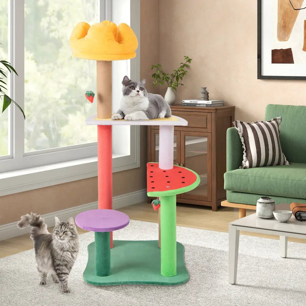 45 Inch Multi-Level Cat Tree with Plush Padded Top Perch and Fruit-Shaped Platforms - Multicolor - Cat Trees Condos &