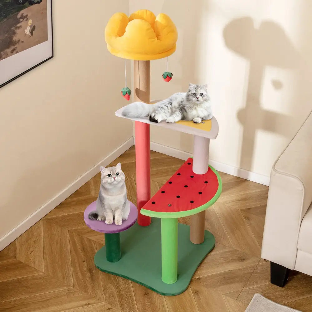 45 Inch Multi-Level Cat Tree with Plush Padded Top Perch and Fruit-Shaped Platforms - Multicolor - Cat Trees Condos &