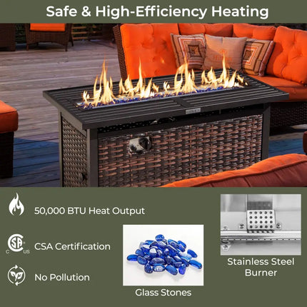 45 Inch Propane Rattan Firepit Table with Glass Stones and Protective Cover-Mixed Brown - Brown - Fire Pit Tables
