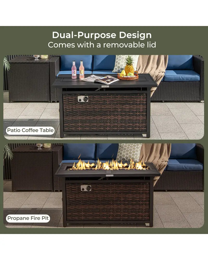 45 Inch Propane Rattan Firepit Table with Glass Stones and Protective Cover-Mixed Brown - Brown - Fire Pit Tables