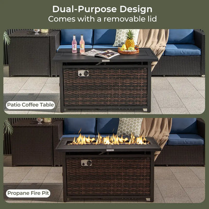 45 Inch Propane Rattan Firepit Table with Glass Stones and Protective Cover-Mixed Brown - Brown - Fire Pit Tables