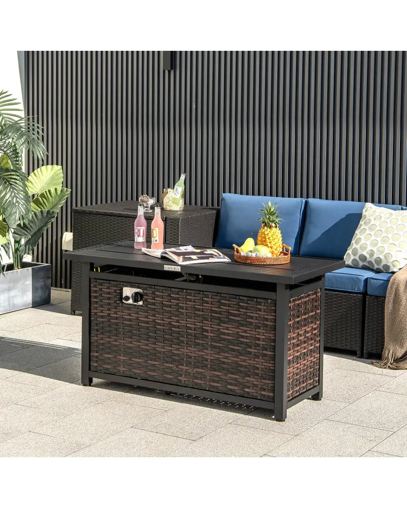 45 Inch Propane Rattan Firepit Table with Glass Stones and Protective Cover-Mixed Brown - Brown - Fire Pit Tables