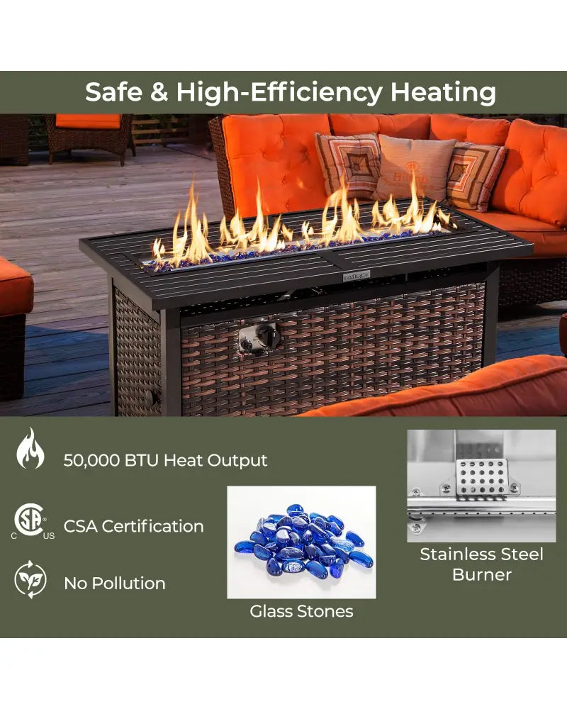 45 Inch Propane Rattan Firepit Table with Glass Stones and Protective Cover-Mixed Brown - Brown - Fire Pit Tables
