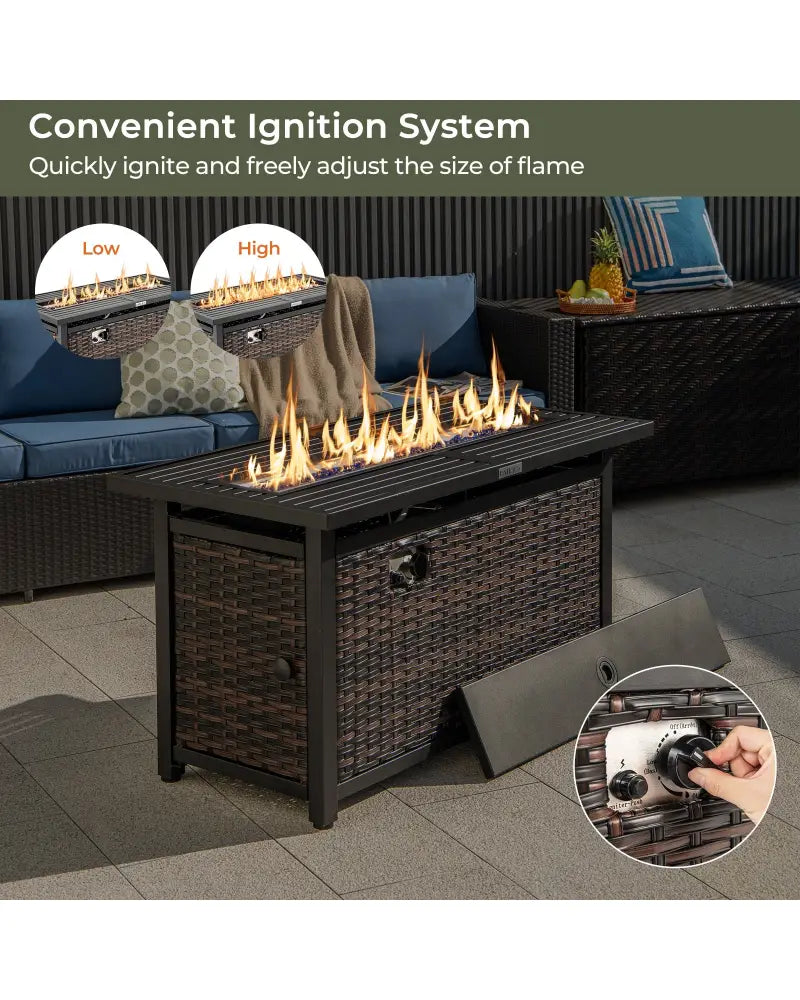 45 Inch Propane Rattan Firepit Table with Glass Stones and Protective Cover-Mixed Brown - Brown - Fire Pit Tables