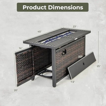 45 Inch Propane Rattan Firepit Table with Glass Stones and Protective Cover-Mixed Brown - Brown - Fire Pit Tables