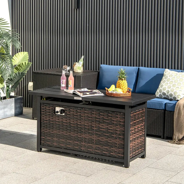 45 Inch Propane Rattan Firepit Table with Glass Stones and Protective Cover-Mixed Brown - Brown - Fire Pit Tables