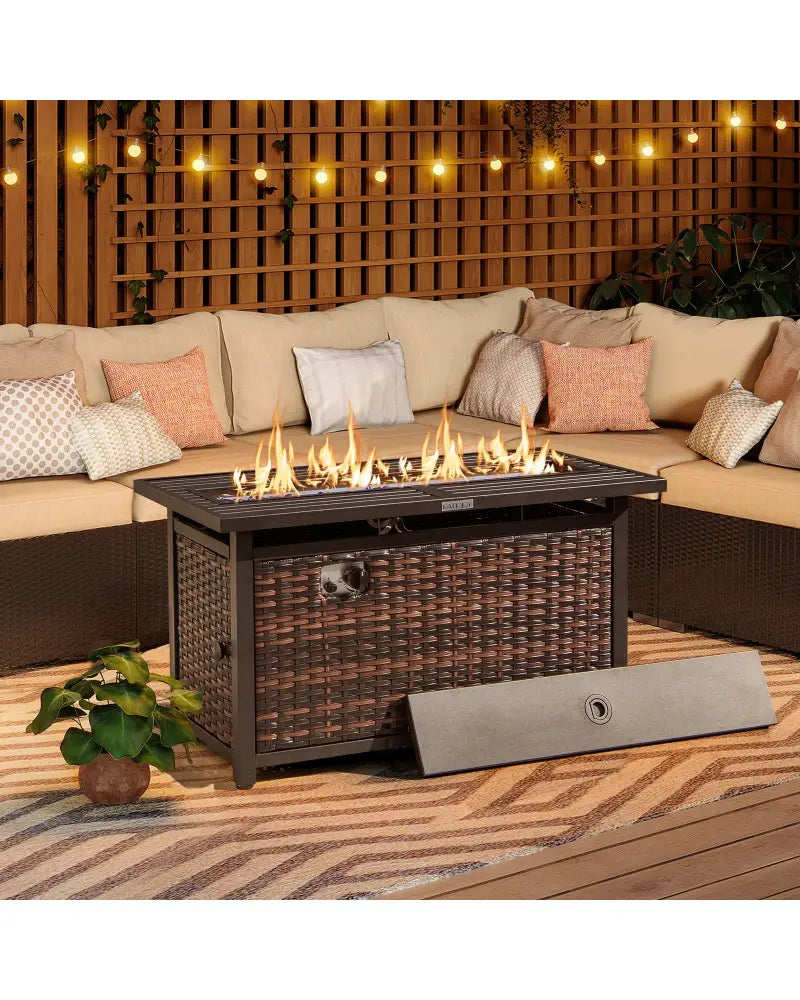 45 Inch Propane Rattan Firepit Table with Glass Stones and Protective Cover-Mixed Brown - Brown - Fire Pit Tables