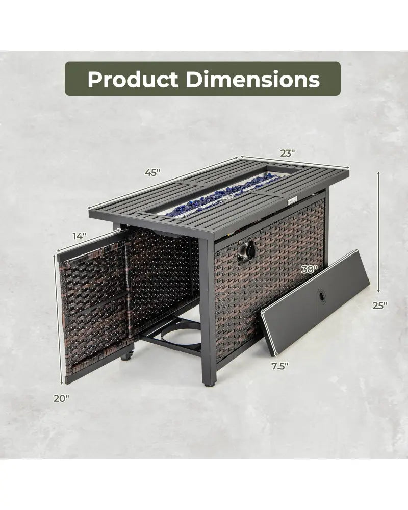 45 Inch Propane Rattan Firepit Table with Glass Stones and Protective Cover-Mixed Brown - Brown - Fire Pit Tables