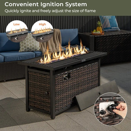 45 Inch Propane Rattan Firepit Table with Glass Stones and Protective Cover-Mixed Brown - Brown - Fire Pit Tables
