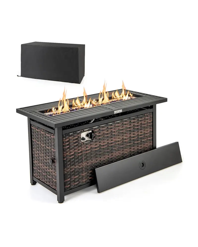 45 Inch Propane Rattan Firepit Table with Glass Stones and Protective Cover-Mixed Brown - Brown - Fire Pit Tables