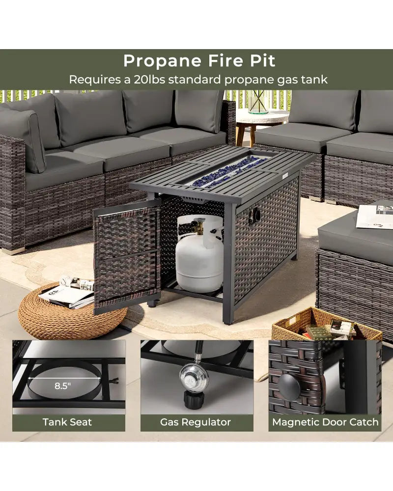 45 Inch Propane Rattan Firepit Table with Glass Stones and Protective Cover-Mixed Brown - Brown - Fire Pit Tables
