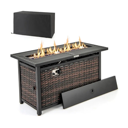 45 Inch Propane Rattan Firepit Table with Glass Stones and Protective Cover-Mixed Brown - Brown - Fire Pit Tables