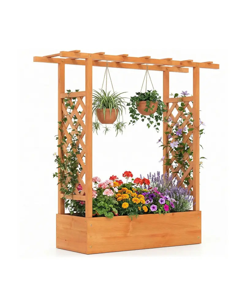 45 inch Tall Wooden Raised Garden Bed with Side Trellis and Hanging Roof-Orange - Orange - Raised Garden Beds